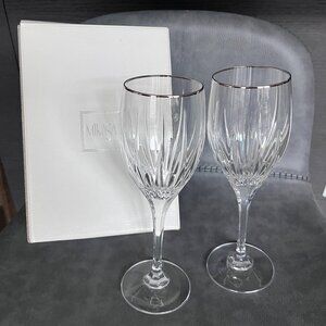 Mikasa Arctic Lights Platinum Rim Crystal Goblet Glasses Set of 2 NIB